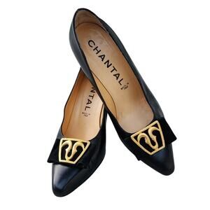 Chantal Black Leather Gold-Tone Applique Contrast Block Heel Pumps 8M